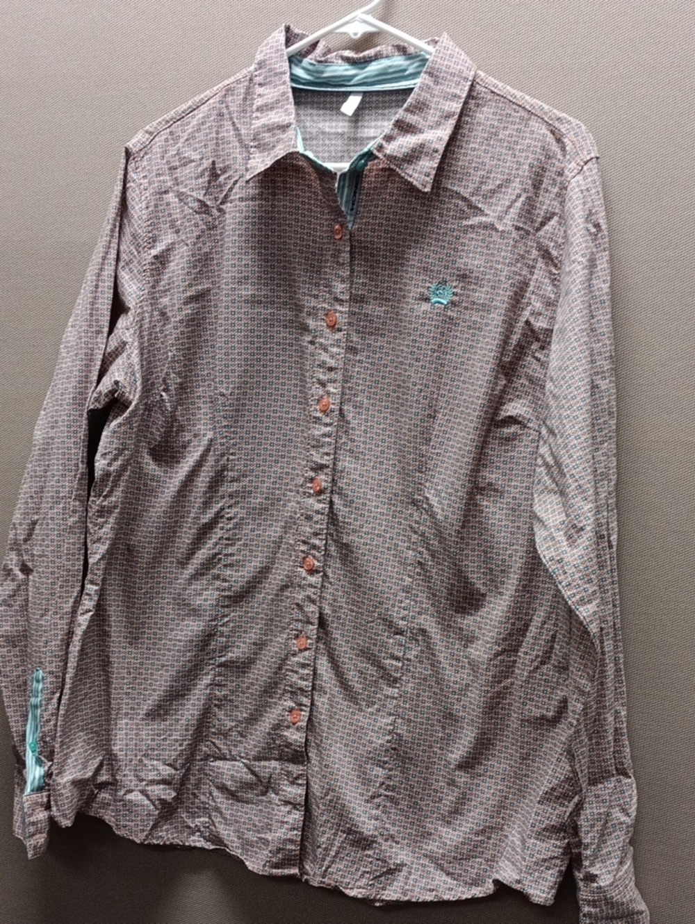 Cinch Brown Patterned Button-Down Shirt with Teal Accents